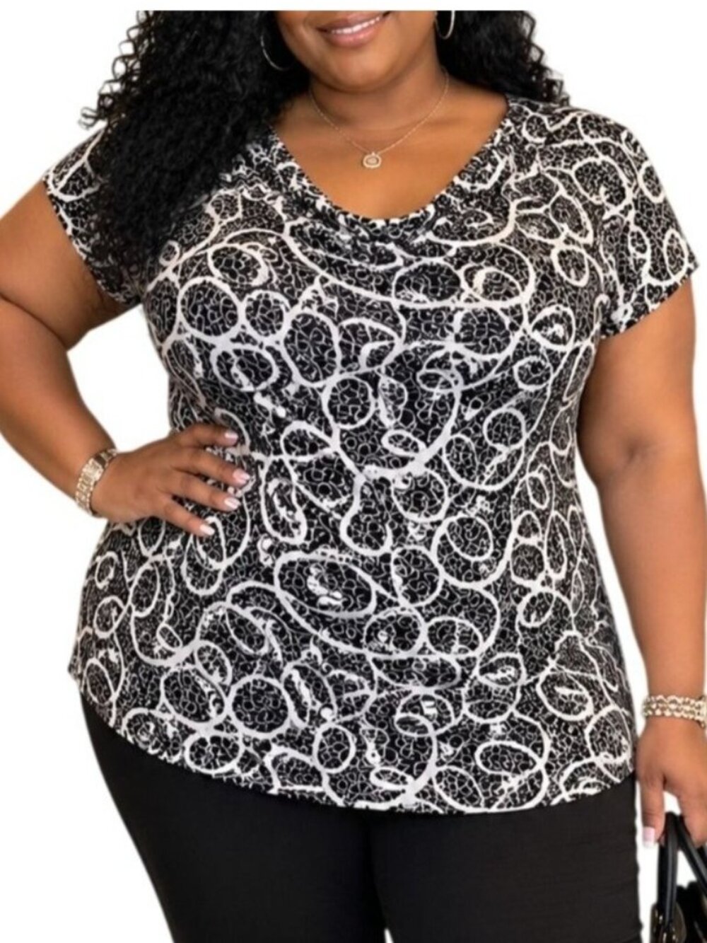 Merona Plus Size 24W/26W Top Cowl Neck Black White Abstract Print